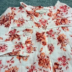 LOFT Women's White Floral Print V Neck Button Front Long Sleeve Blouse Top M